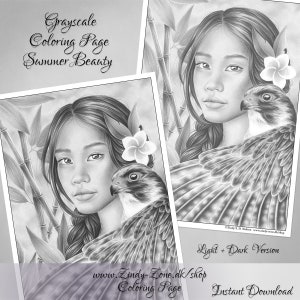 Grayscale Coloring Page Summer Beauty Falcon Bird Hawaii Flower Magic Fantasy Zindy