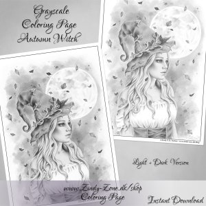 Grayscale Coloring Page Autumn Witch Halloween Moon Leaves Fantasy Girl Zindy