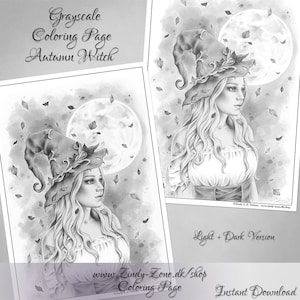 Grayscale Coloring Page Autumn Witch Halloween Moon Leaves Fantasy Girl Zindy