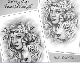 Grayscale Coloring Page White Tiger Woman Flower Animal Branch Zindy Nielsen