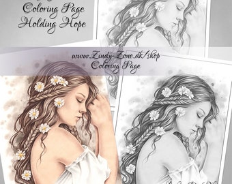 Grayscale Coloring Page Holding Hope Girl Woman Daisy Flower Dreamer Fantasy Zindy