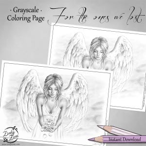 Para los que perdimos Ángel Linda Fantasía Chica Alas Mujer Escala de Grises Página para colorear Zindy Nielsen