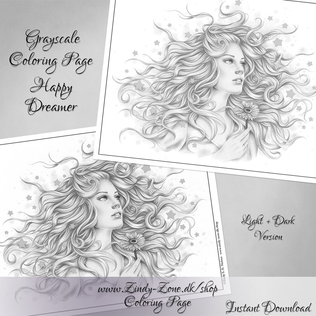 Grayscale Coloring Page Happy Dreamer Stars Flower Magic Fantasy Zindy ...