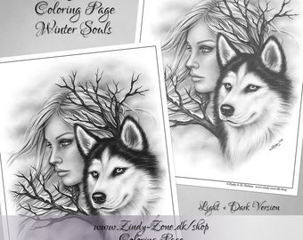 Grayscale Coloring Page Winter Souls Woman Wolf Husky Dog Animal Branch Zindy Nielsen
