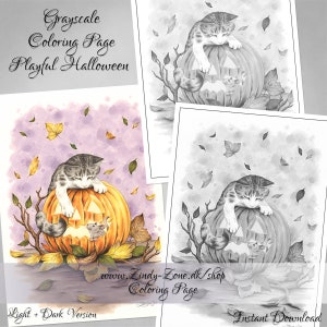 Playful Halloween Cat Mouse Leaves Pumpkin Fantasy Autumn Grayscale Coloring Page Zindy Nielsen