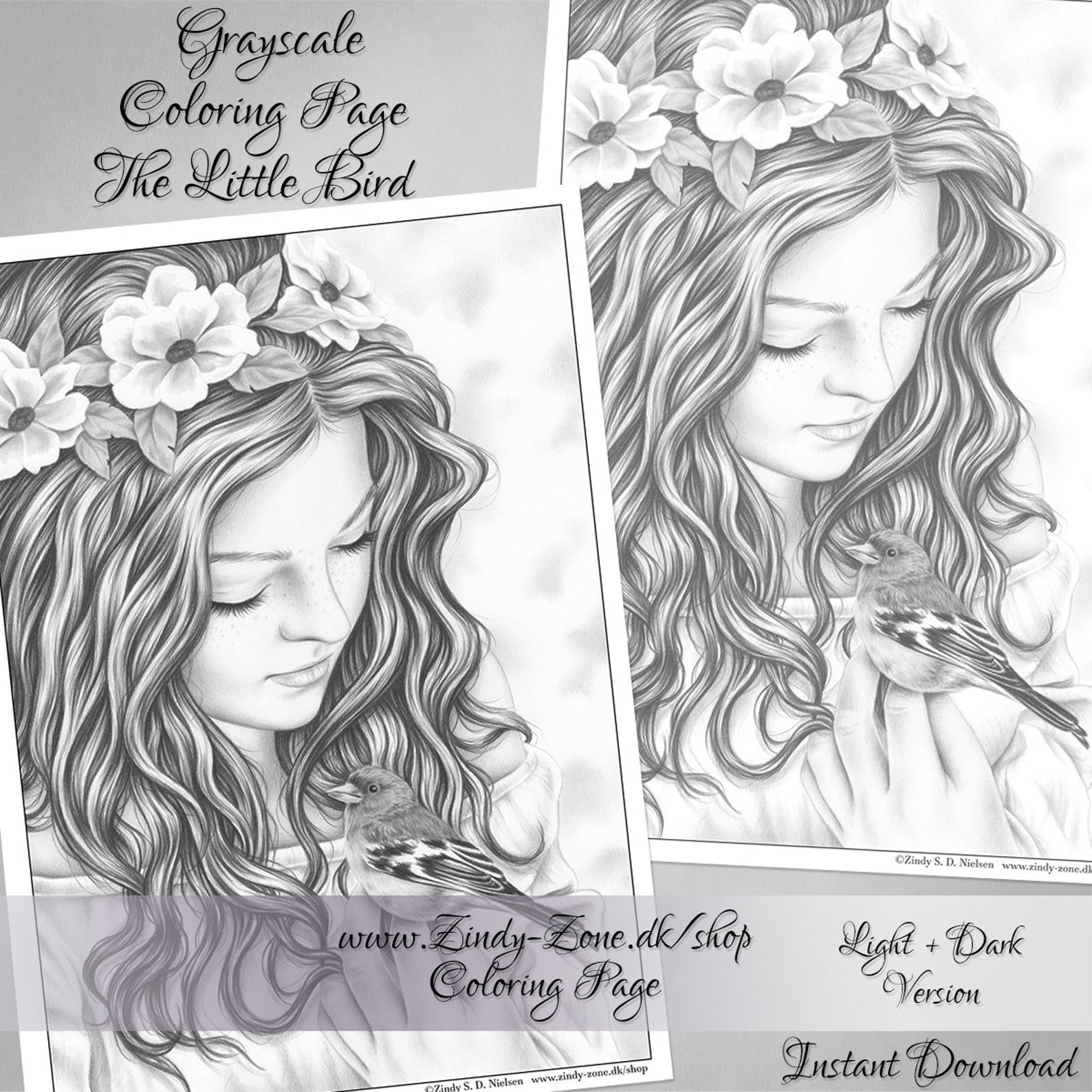 Grayscale Coloring Page Girl With Bird Woman Daisy Flower Dreamer ...