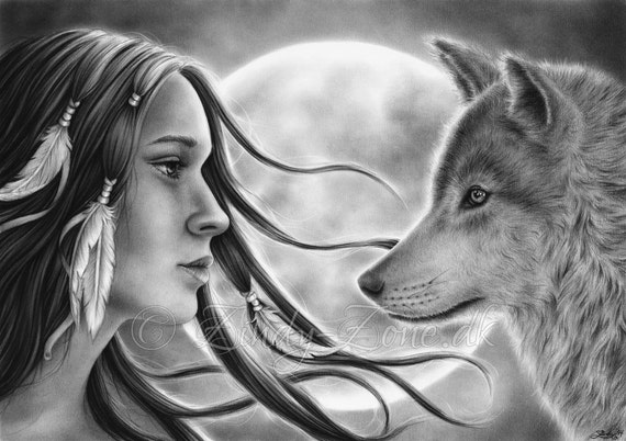 Crossing Spirits Moon Girl Native Indian Woman Wolf Emo Art Etsy