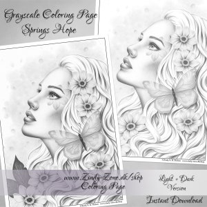 Coloriage en niveaux de gris Printemps Espoir Fleur Papillon Ailes Fantasy Girl Zindy Nielsen