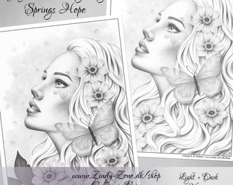 Grayscale Coloring Page Spring Hope Flower Butterfly Wings Fantasy Girl Zindy Nielsen