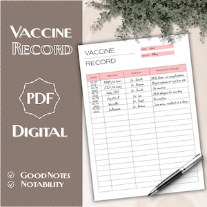 Könnte beinhalten: Eine digitale Impfdatensatzvorlage mit den Worten "VACCINE RECORD" in großer Schrift. Die Vorlage enthält Felder für Datum, Impfstoff, Arzt und Reaktion/Notizen. Ein Stift liegt in der unteren rechten Ecke.