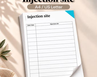 May include: A stack of white paper sheets featuring a printed injection site log. The top page displays the text Injection site at the top, with a table containing columns labeled Date/time and Injection site. A bright blue triangle is in the corner.