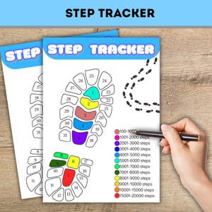 May include: Two white "STEP TRACKER" sheets with a shoe print design. One sheet is being pointed to with a pen. The sheets have a step count chart with colored sections and step ranges from 100 to 20000 steps.