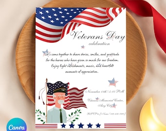 Veterans Day Invitation Template, Editable Canva, Digital Download