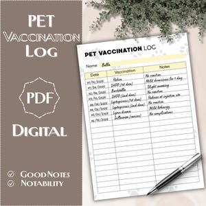 May include: A digital pet vaccination log with the title "Pet Vaccination Log" and the word "Digital" in large letters. The log includes a table with dates, vaccinations, and notes. The log is designed for use with GoodNotes and Notability.