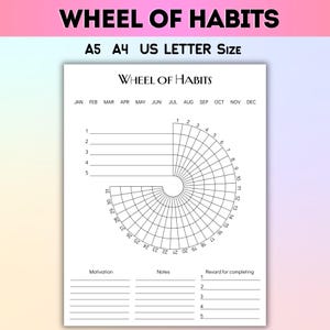 May include: A white Wheel of Habits planner with a circular design for tracking habits. The planner includes sections for motivation, notes, and rewards. The text "WHEEL OF HABITS" is at the top, along with size options.