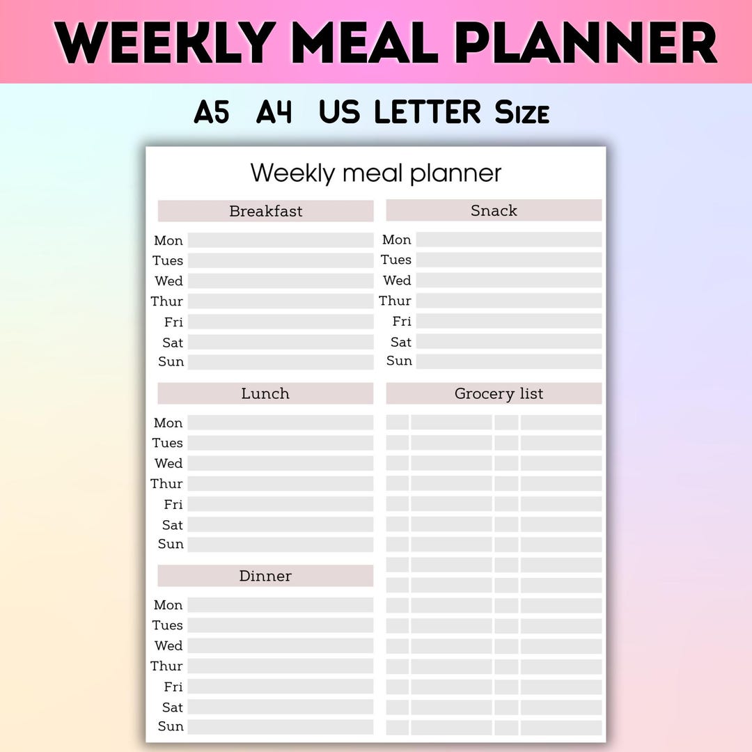 Weekly Meal Planner Printable, Food Planner With Grocery List ...