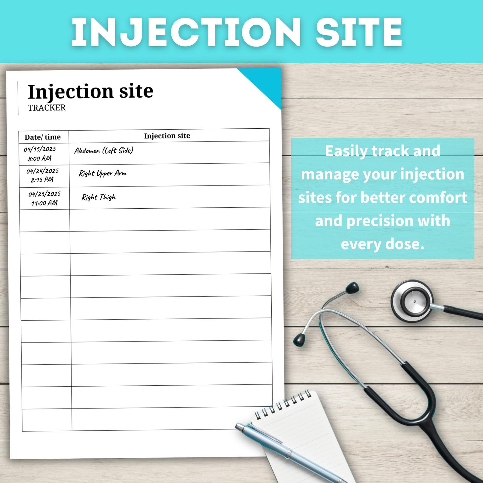 Injection Site Tracker Printable, Medical Log PDF, US Letter A4 - Etsy