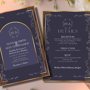 Dark Wedding Invitation Old Money Template, Gold and Navy, arched template, fully customizable design, editing link immediately on purchase