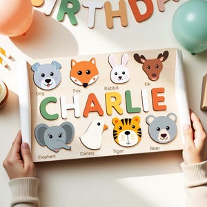 Personalized Animal Name Puzzle – Custom Wooden Toddler Gift – Unique Newborn Sensory Learning Toy, Baby Shower or Birthday Present for Kids