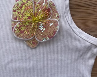 Cropped Vest Tops – Pink Sequin 3D Flower | Handmade Statement Tops by Luxedazzleswim | Can be made in any size