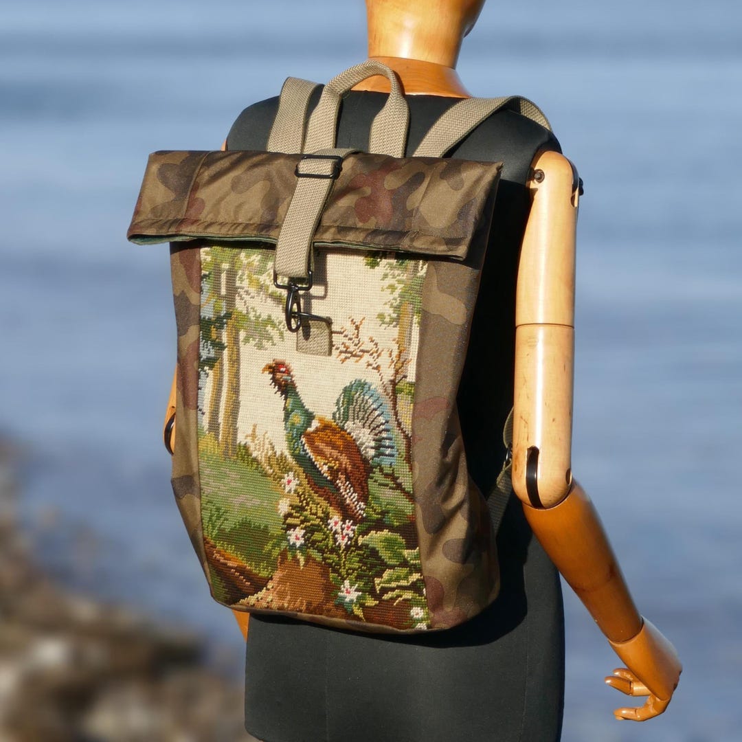 Upcycle Backpack Camouflage Upcycled Rolltop Backpack With Forest/capercaillie Tapestry ...