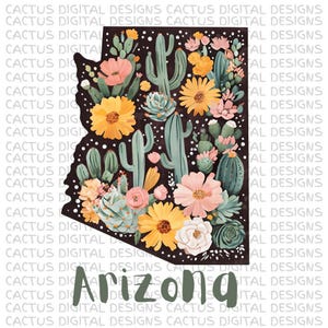 Arizona State PNG - Floral Cactus Clipart, fichier pour sublimation bohème désert, fleurs sauvages Western Design, graphique imprimable sud-ouest, Art numérique