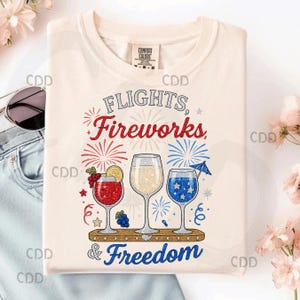 Voos Fogos de artifício e Liberdade Glitter Vinho Voo PNG com óculos patrióticos vermelhos, brancos e azuis e fogos de artifício para o 4 de julho Design de sublimação