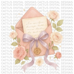 Carta de amor com arte coquete, envelope rosa elegante com rosas, ilustração de carta romântica vintage, decoração de papelaria floral feminina