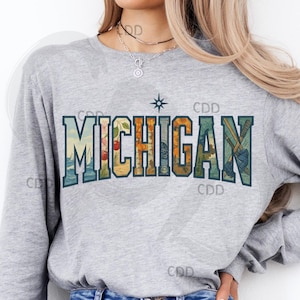 Estado de Michigan (PNG), Grandes Lagos de Michigan (PNG), camiseta del estado de la cereza (PNG), arte de Michigan con hojas de otoño (PNG), manopla de hockey, regalo de Michigan, camiseta del lago