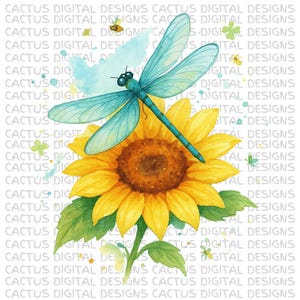 Arte de libélula com girassol, girassol em aquarela PNG, design floral de libélula, arte de libélula inspirada na natureza, ilustração de inseto colorido