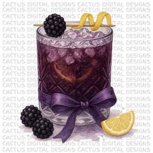 ブラックベリーカクテルPNG水彩画、紫色のウイスキードリンクアート、ブラックベリーバーボンスマッシュクリップアート、リボン付きエレガントなドリンク、サマーパーティーバー