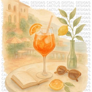 Aquarelle Aperol Spritz PNG avec citron, livre et lunettes de soleil - Clipart esthétique de boisson d'été italienne pour les amateurs d'art mural numérique et de décoration