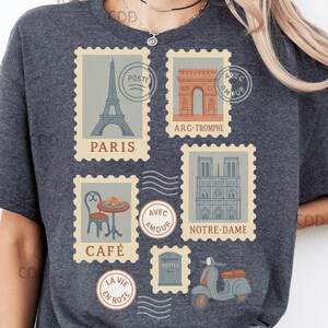 Selo postal de Paris, França PNG – Torre Eiffel, Arco do Triunfo, Notre Dame, Café, Vespa e clipart de correio francês para projeto de álbum de recortes de viagem