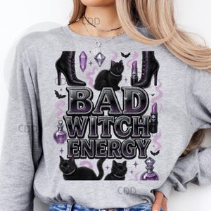 Energía de bruja mala png, bruja de Halloween png, gato gótico png, botas de bruja png, clipart de poción morada, impresión dtf espeluznante, diseño de bruja, bruja glamurosa