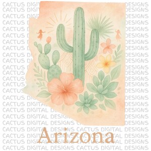 Aquarelle Cactus Floral PNG de l'état de l'Arizona, Design de fleurs du désert de l'Arizona, Art Boho de succulentes, graphique esthétique du sud-ouest, Art mural de A à Z