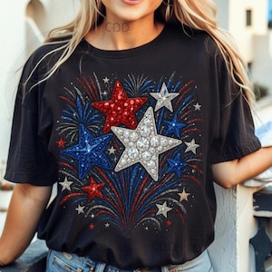 Fourth of July-vuurwerk PNG met rood wit blauwe glittersterren, strassteenexplosiekunst voor patriottische shirts, mokken, muurafdrukken, feestcadeau