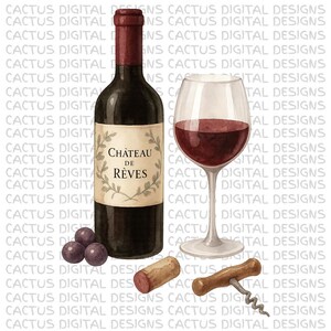 Aquarel wijnfles en glas PNG, Chateau de Rêves rode wijn clipart, elegante wijn Art Print, decor wijngaard keuken, wijnillustratie