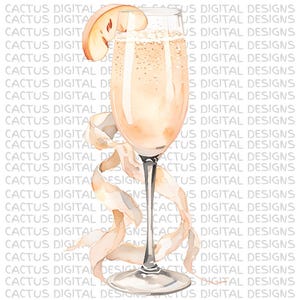 Download digitale di PNG "Peach Bellini" / Clipart di un bicchiere di champagne con bevanda frizzante alla pesca e nastro / PNG "Brunch Mimosa" per Cricut in sublimazione