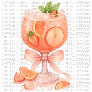 夏のサングリアカクテルのクリップアート、水彩フルーツドリンクアート、夏の飲み物のイラスト、ピンクグレープフルーツモクテルのPNG画像、バーカートの装飾