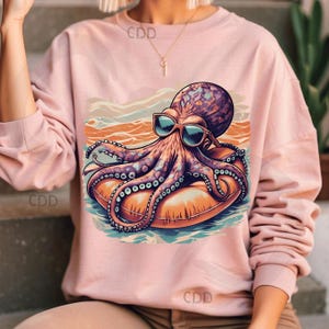 Octopus summer png with sunglasses on floaty, beach waves, retro sea vibes, funny ocean animal clipart for vacation designs or beach apparel