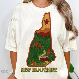 Imágenes de New Hampshire, arte otoñal, diseño brillante, cabaña rústica, hojas de otoño, Nueva Inglaterra, contorno de mapa