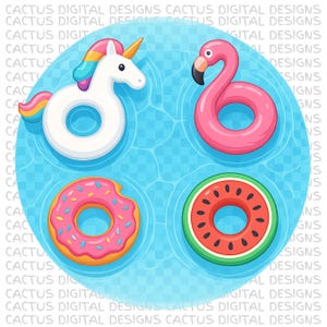 Kleurrijke zomerbaddobbers png, eenhoorn flamingo watermeloen donut zwembaddobbers, leuke zwembadfeestvlotterkunst, zomerstrandvlotter png-ontwerp