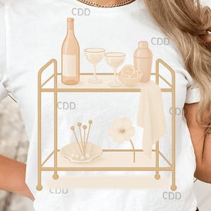 Elegant Bar Cart PNG – Blush Cocktail Cart with Wine Bottle, Glasses, Shaker, Citrus and Floral Accents for Chic Drink Themed Digital Design