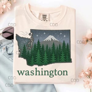 Washington, état de la forêt png, Mount Rainier png, arbre scintillant png, png paysage pnw, ciel nocturne png, art à feuilles persistantes png, art mural d'état