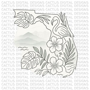 Florida State PNG, Flamingo Line Art Clipart, contour Hibiscus tropical, téléchargement numérique de feuilles de palmier, Design minimaliste de plage, Floride PNG
