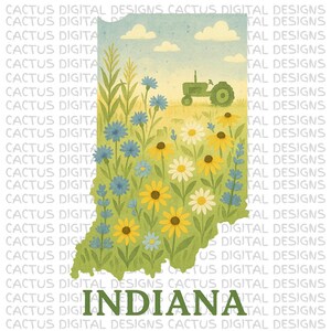 Indiana Wildblumen Kunst, Malerische Zustand Karte Design, Rustikale Bauernhof Landschaft mit Traktor, Lebendige Blumen Indiana Illustration, Midwest Natur
