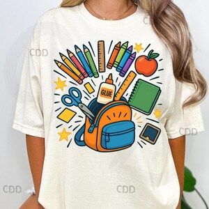 material escolar png, mochila png, giz de cera clipart png, volta às aulas png, presente para professor png, decoração de sala de aula png, arte para alunos, cola e tesoura