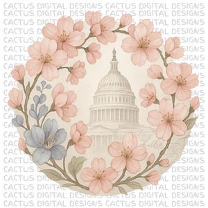 Capitólio dos EUA em aquarela com flores de cerejeira PNG – Clipart floral de Washington DC para decoração de primavera, impressões de arte de viagem ou gráficos patrióticos