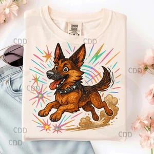 german shepherd png, glitter dog png, cartoon dog clipart, sparkly puppy png, dtf dog transfer, rainbow burst png, running shepherd design