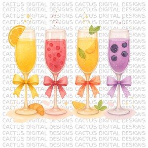 Acquerello Mimosa PNG, Clipart di Arance, Bacche, Agrumi e Mirtilli, Bicchieri da Champagne per Brunch con Fiocchi, Set di Cocktail PNG scaricabili digitalmente